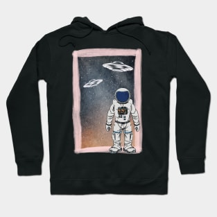 Floating astronaut Ufo alien abduction funny cute spaceship moon mars cosmic space Hoodie